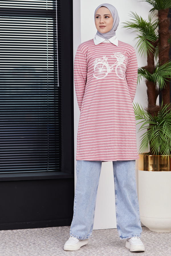 Düz Bisiklet Yaka Kadın Pembe TUNIK - 3721 PEMBE