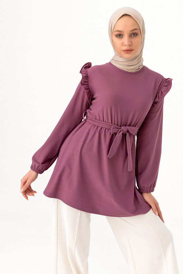Düz Bisiklet Yaka Kadın Lila KEMERLI TUNIK - 3296 LİLA