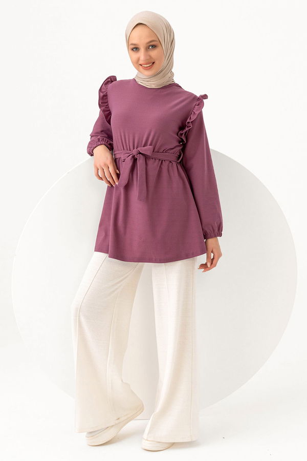 Düz Bisiklet Yaka Kadın Lila KEMERLI TUNIK - 3296 LİLA