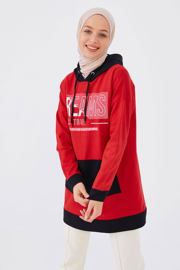 Düz Orta Kadın Kırmızı KAPSONLU SWEAT - 20896 Kırmızı