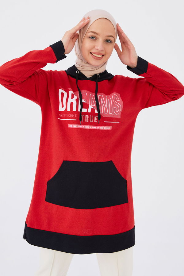 Düz Orta Kadın Kırmızı KAPSONLU SWEAT - 20896 Kırmızı