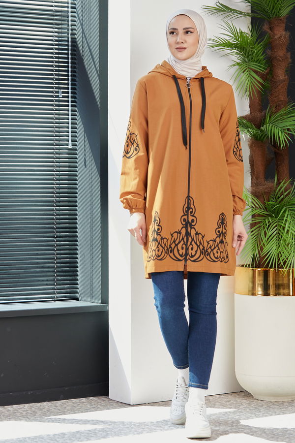 Düz Orta Kadın Taba Baskılı Tunik - 3729 TABA