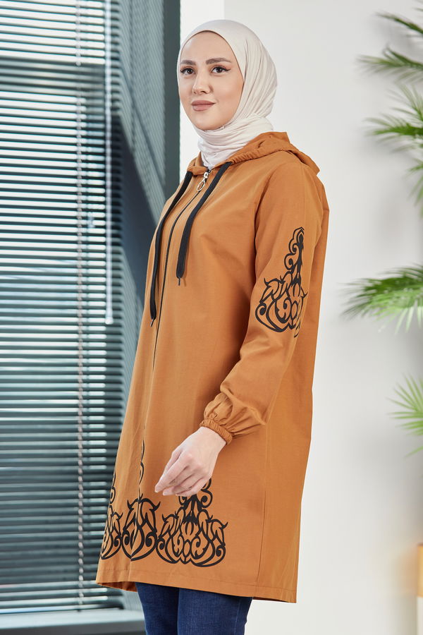 Düz Orta Kadın Taba Baskılı Tunik - 3729 TABA