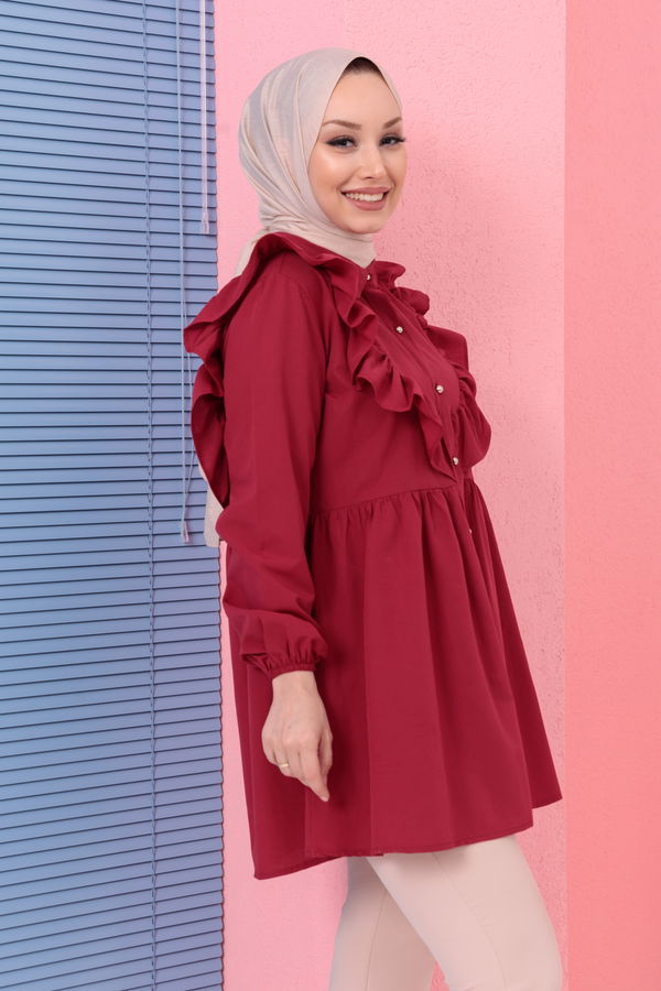 Düz Gömlek Yaka Kadın Bordo TUNIK - 3578