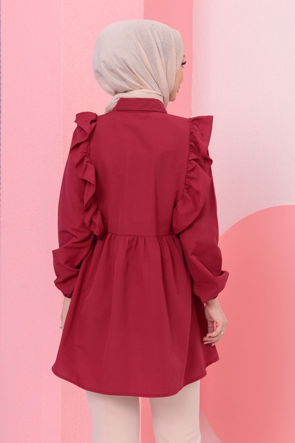 Düz Gömlek Yaka Kadın Bordo TUNIK - 3578