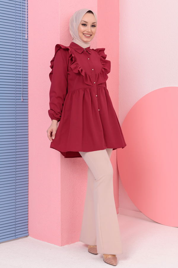 Düz Gömlek Yaka Kadın Bordo TUNIK - 3578