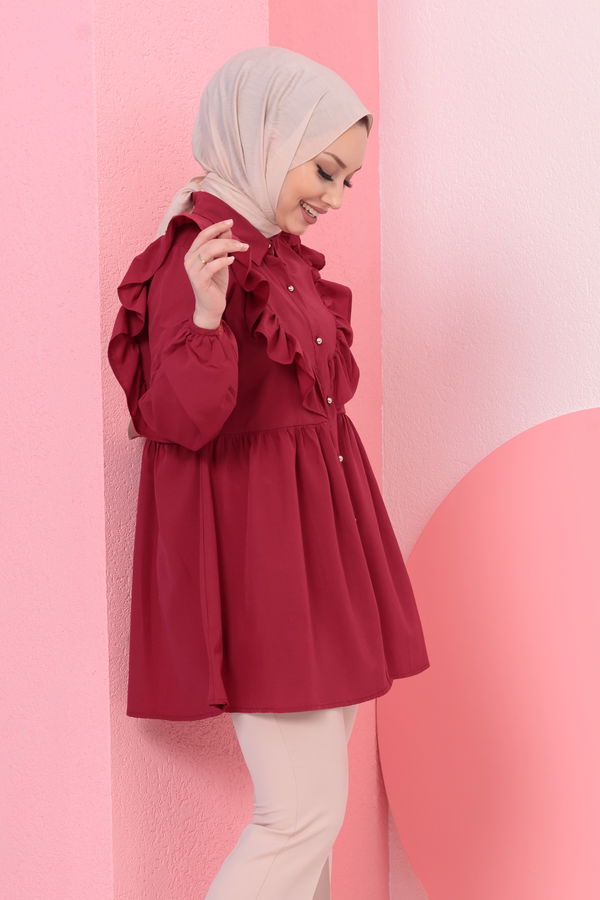 Düz Gömlek Yaka Kadın Bordo TUNIK - 3578