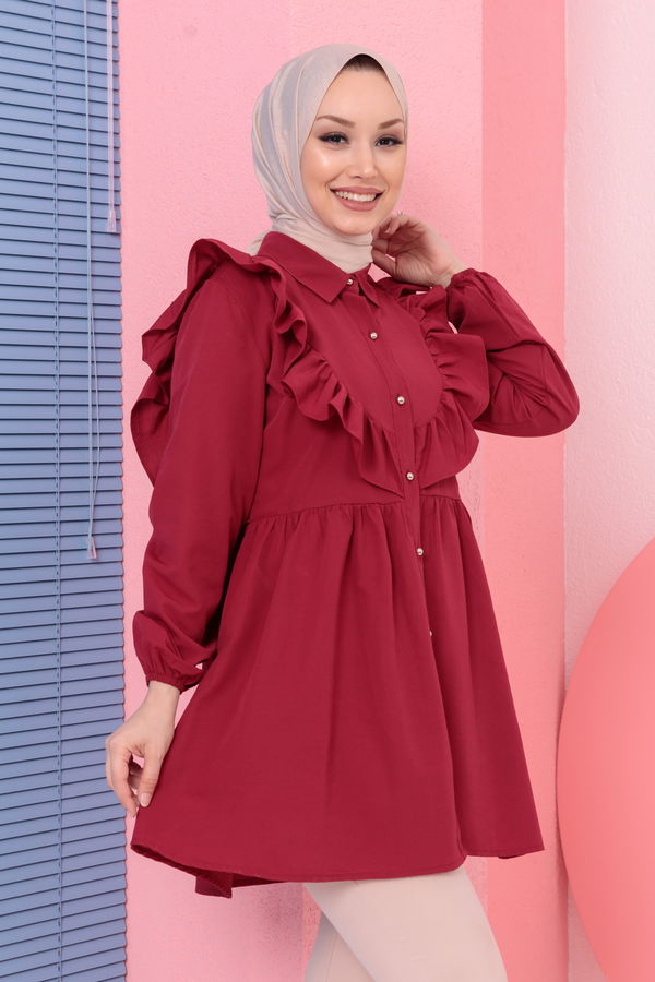 Düz Gömlek Yaka Kadın Bordo TUNIK - 3578