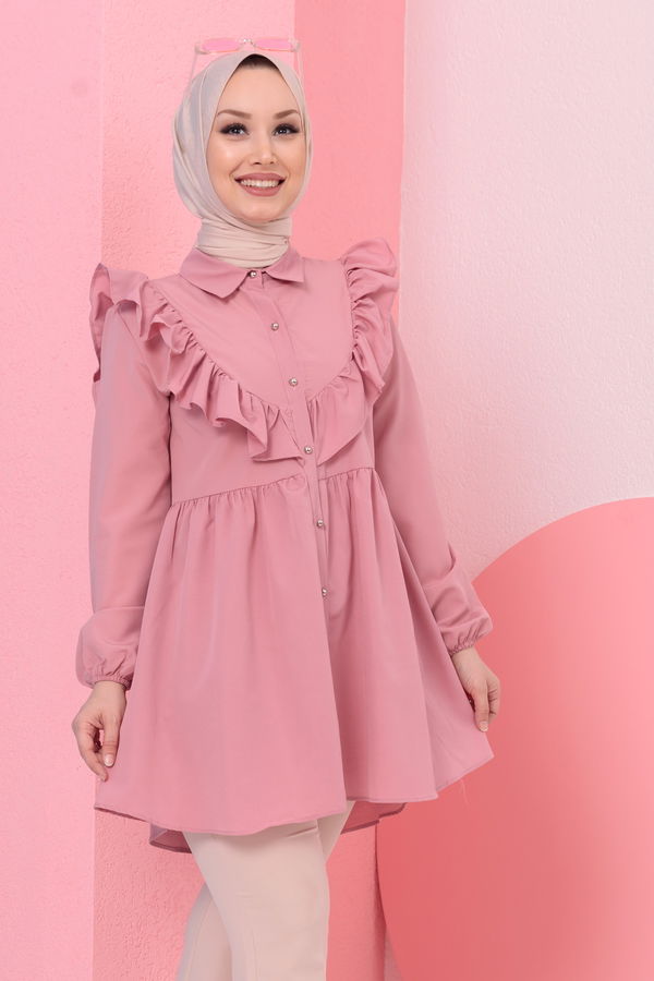 Düz Gömlek Yaka Kadın Pembe TUNIK - 3578