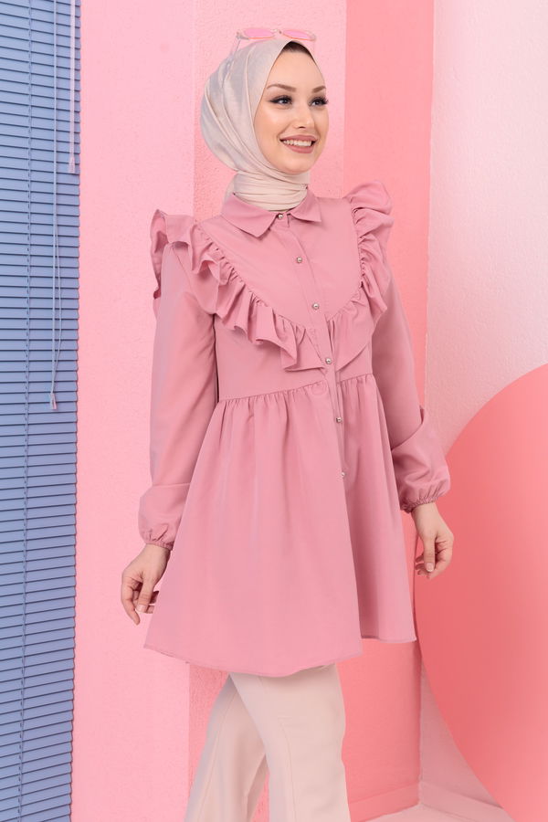 Düz Gömlek Yaka Kadın Pembe TUNIK - 3578