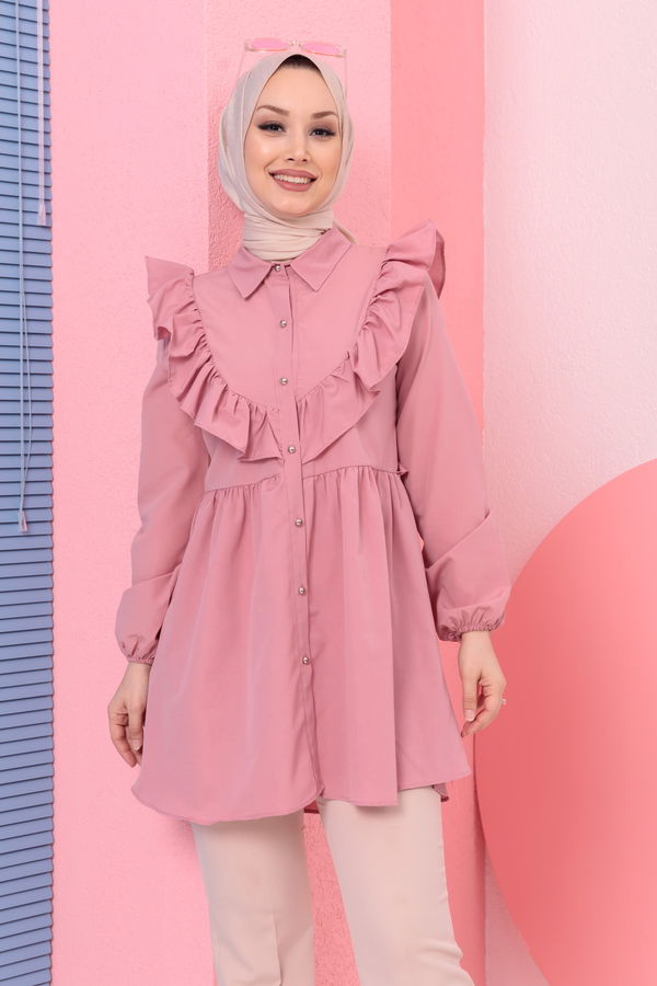 Düz Gömlek Yaka Kadın Pembe TUNIK - 3578