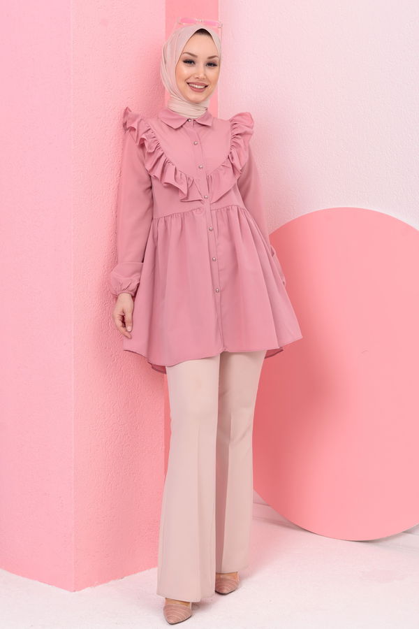 Düz Gömlek Yaka Kadın Pembe TUNIK - 3578