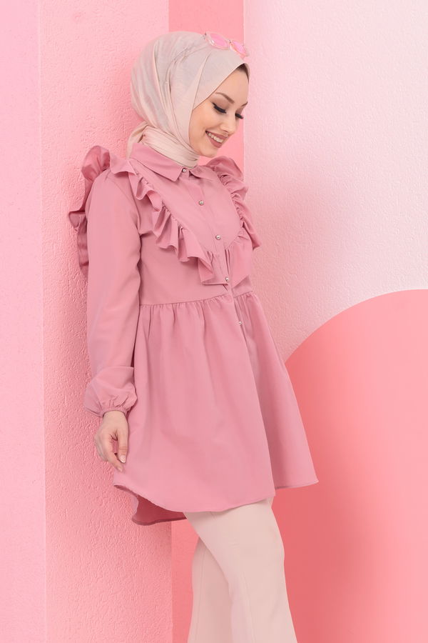 Düz Gömlek Yaka Kadın Pembe TUNIK - 3578