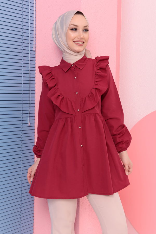 Düz Gömlek Yaka Kadın Bordo TUNIK - 3578