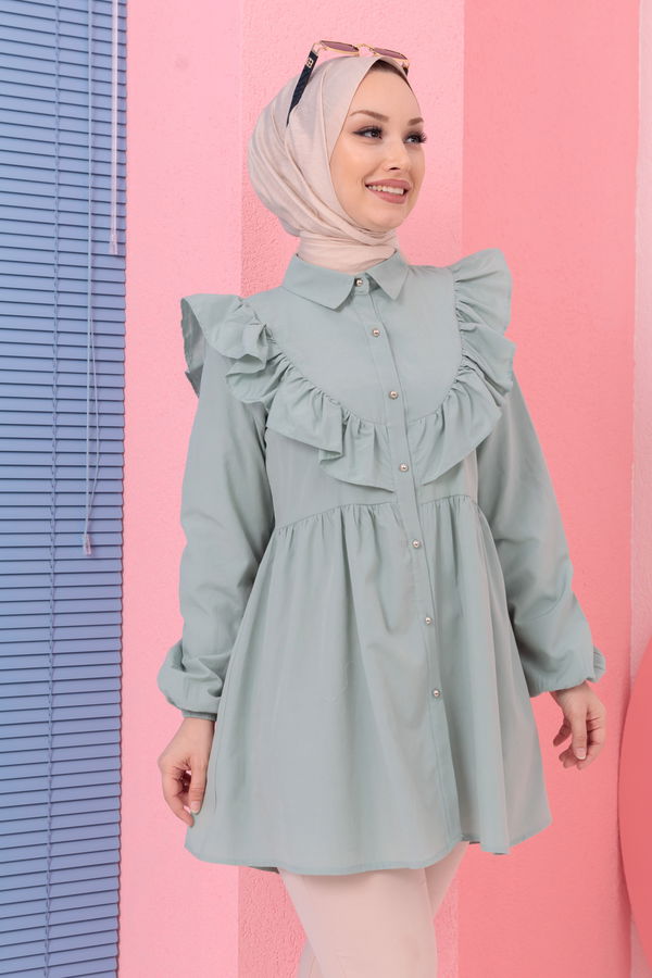 Düz Gömlek Yaka Kadın Yeşil TUNIK - 3578 YEŞİL