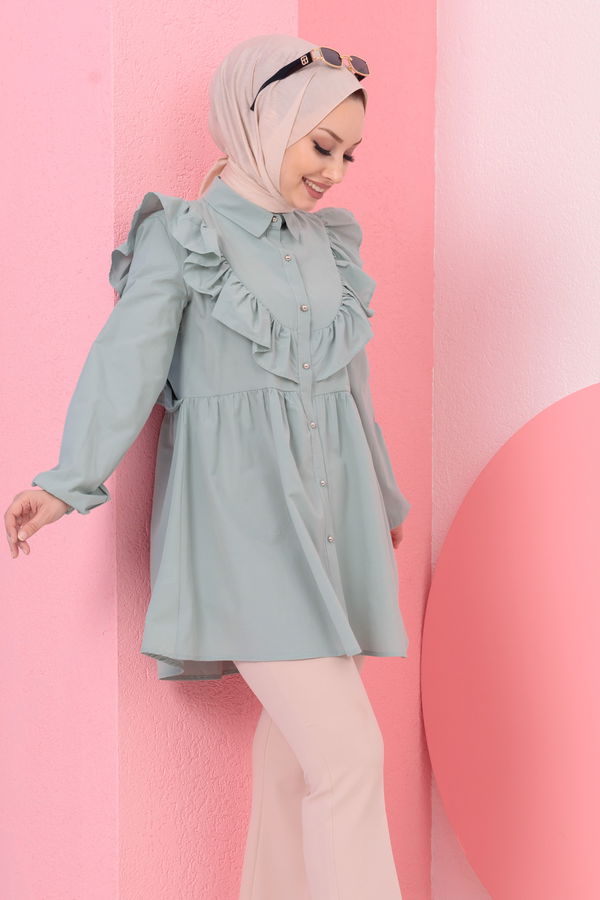 Düz Gömlek Yaka Kadın Yeşil TUNIK - 3578 YEŞİL