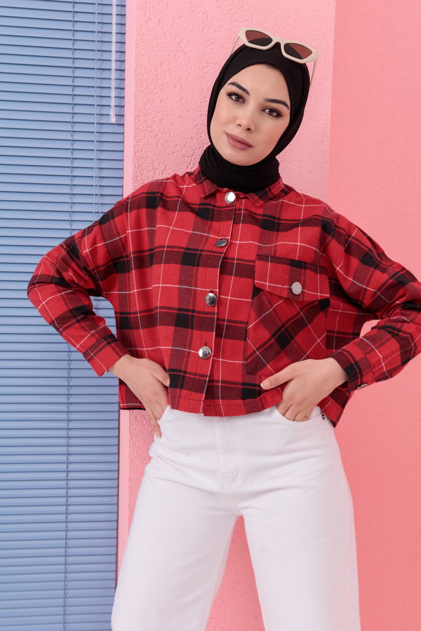 Düz Hakim Yaka Kadın Kırmızı Crop Gömlek - 3969 Kırmızı