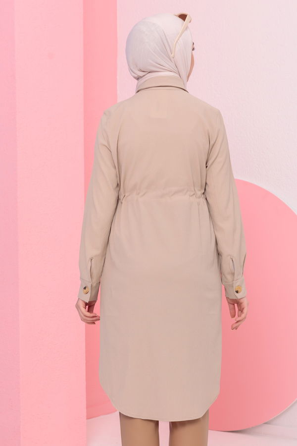 Düz Gömlek Yaka Kadın Bej Tunik - 3499