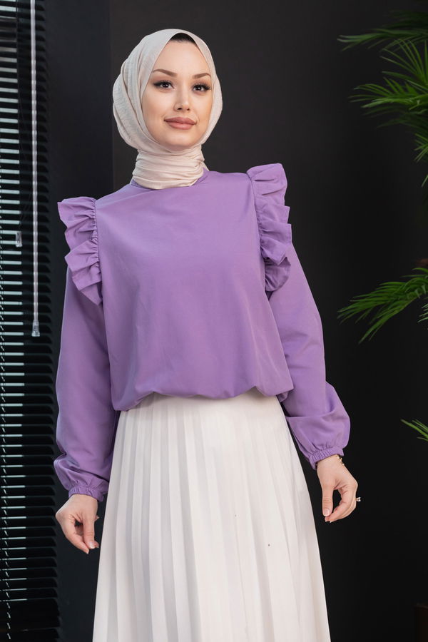 Düz Bisiklet Yaka Kadın Mor Bluz - 3953 MOR