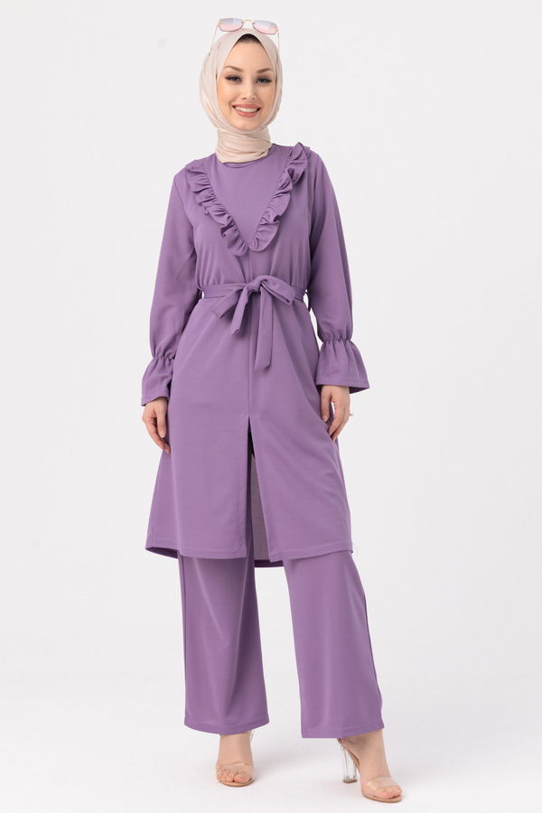 Düz Bisiklet Yaka Kadın Lila TUNIK PANTOLON - 3513 LİLA