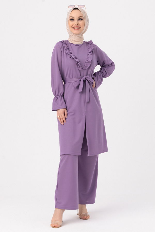 Düz Bisiklet Yaka Kadın Lila TUNIK PANTOLON - 3513 LİLA
