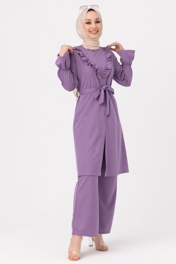 Düz Bisiklet Yaka Kadın Lila TUNIK PANTOLON - 3513 LİLA