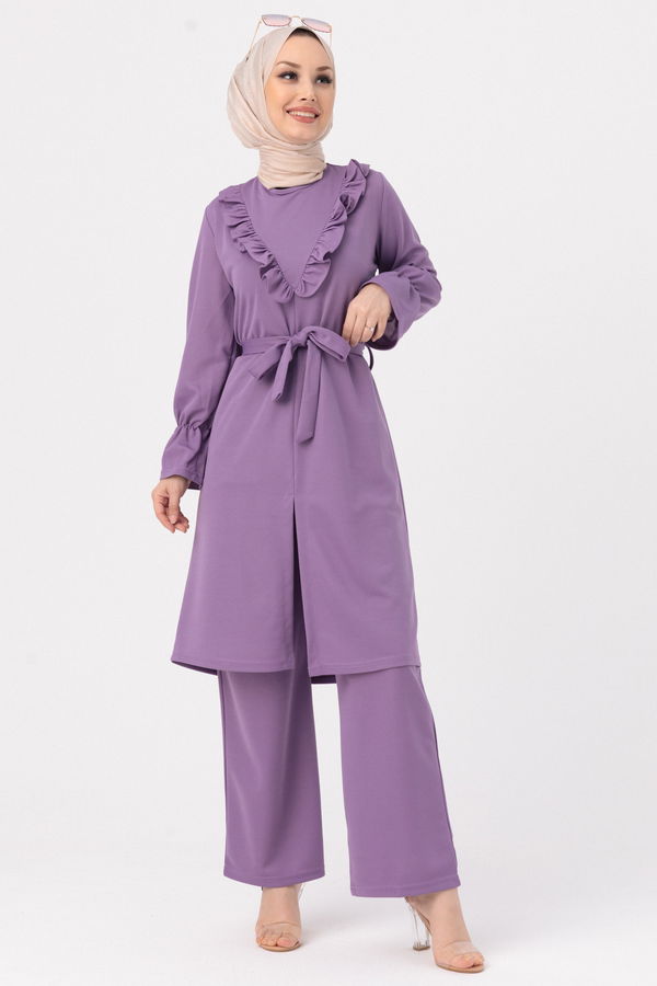 Düz Bisiklet Yaka Kadın Lila TUNIK PANTOLON - 3513 LİLA