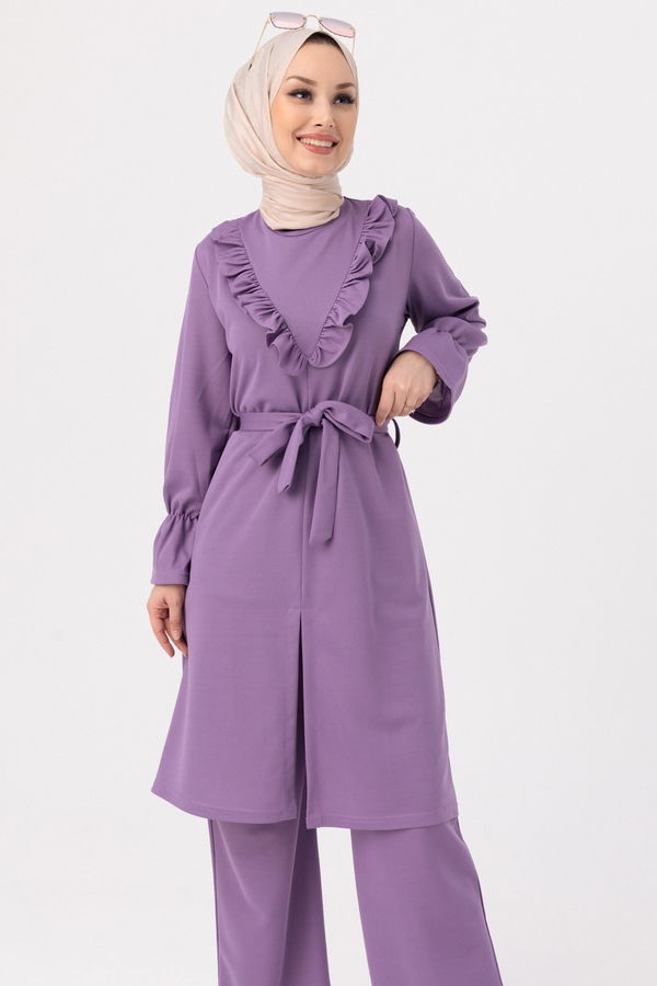Düz Bisiklet Yaka Kadın Lila TUNIK PANTOLON - 3513 LİLA