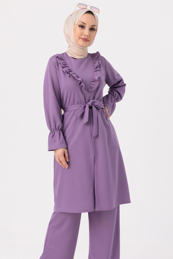 Düz Bisiklet Yaka Kadın Lila TUNIK PANTOLON - 3513 LİLA