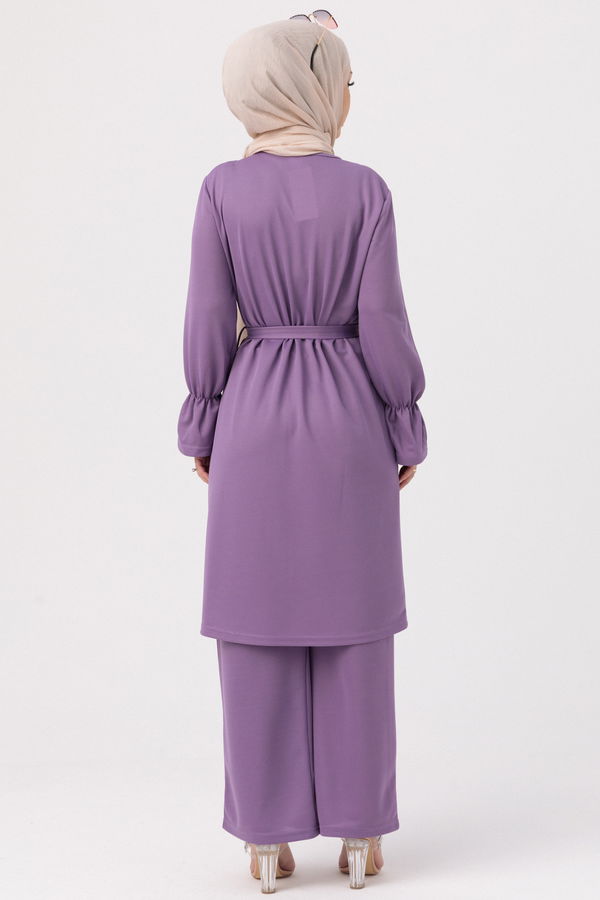 Düz Bisiklet Yaka Kadın Lila TUNIK PANTOLON - 3513 LİLA