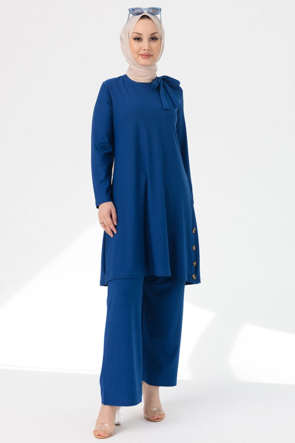 Düz Bisiklet Yaka Kadın Mavi TUNIK PANTOLON - 3758