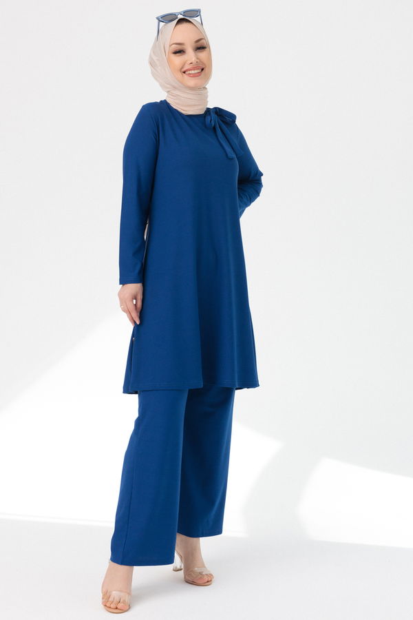 Düz Bisiklet Yaka Kadın Mavi TUNIK PANTOLON - 3758