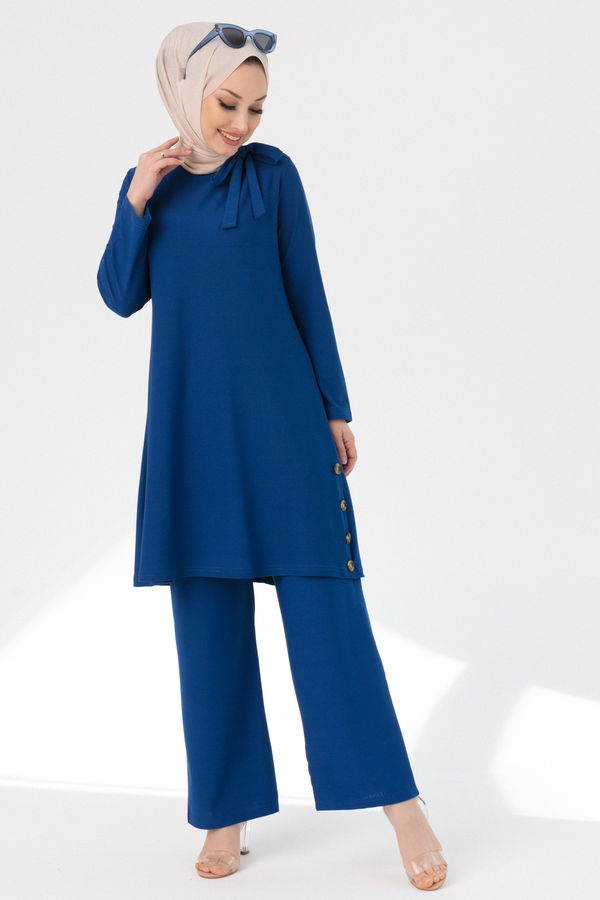 Düz Bisiklet Yaka Kadın Mavi TUNIK PANTOLON - 3758