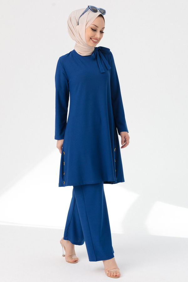 Düz Bisiklet Yaka Kadın Mavi TUNIK PANTOLON - 3758