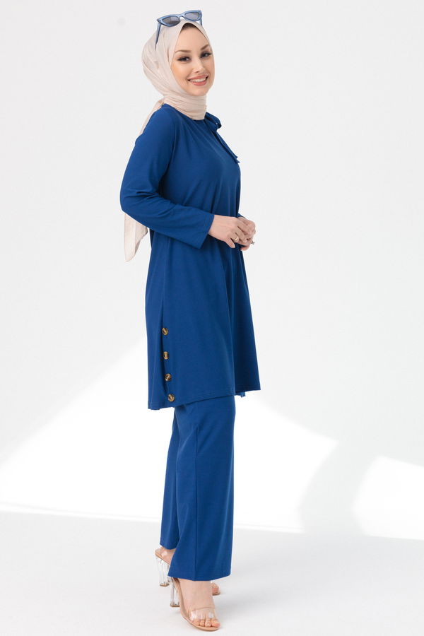 Düz Bisiklet Yaka Kadın Mavi TUNIK PANTOLON - 3758
