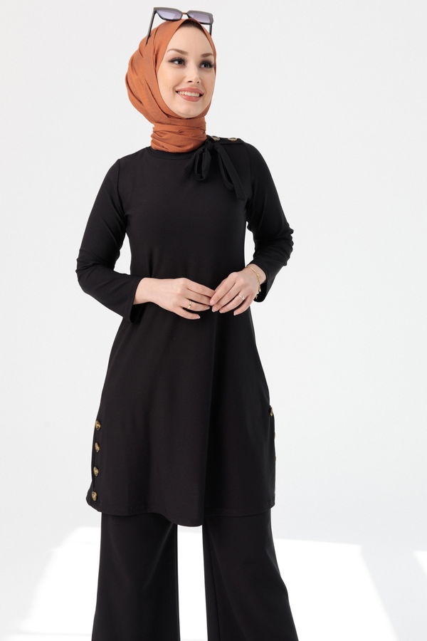 Düz Bisiklet Yaka Kadın Siyah TUNIK PANTOLON - 3758 SİYAH