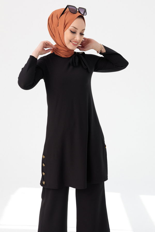 Düz Bisiklet Yaka Kadın Siyah TUNIK PANTOLON - 3758 SİYAH