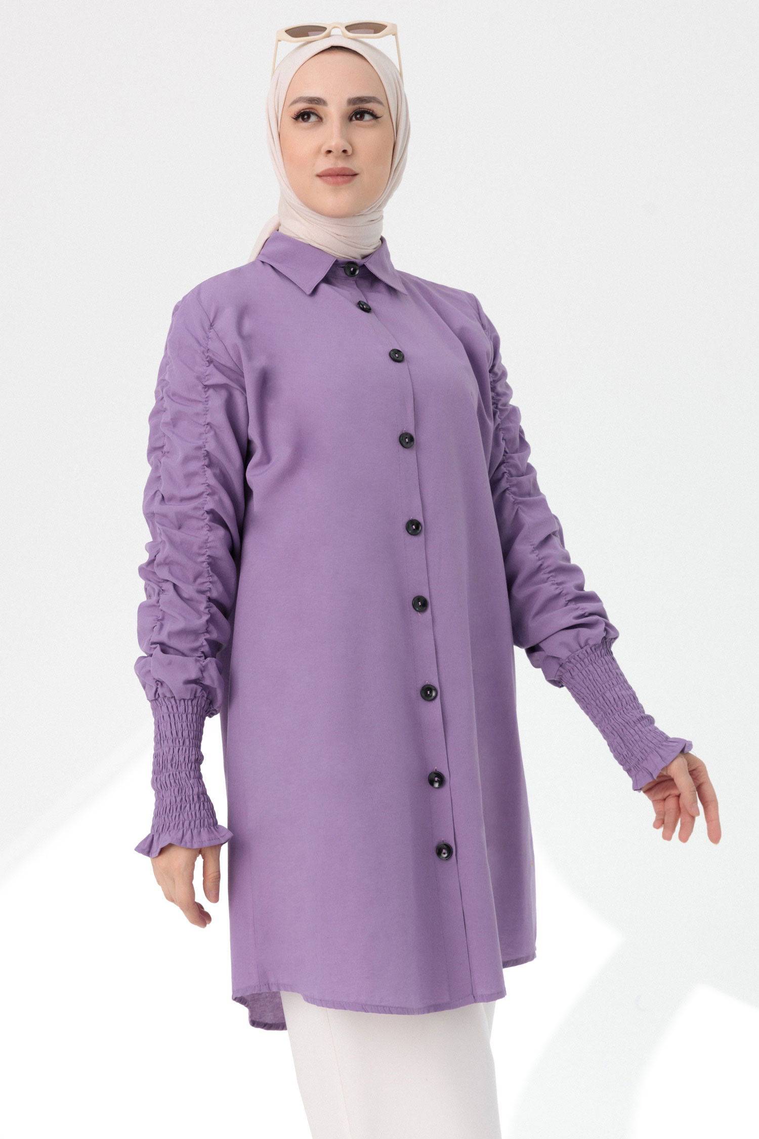 Düz Gömlek Yaka Kadın Lila Tunik - 3686