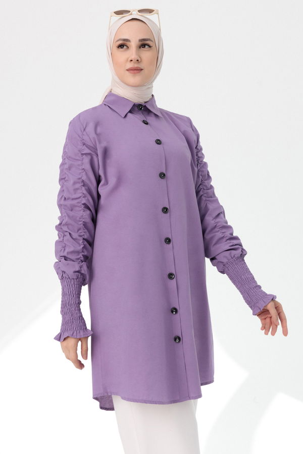 Düz Gömlek Yaka Kadın Lila Tunik - 3686