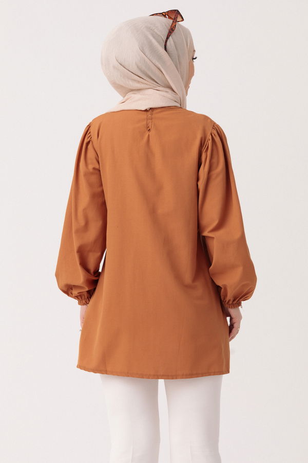 Düz Bisiklet Yaka Kadın Taba BASKILI TUNIK - 3694 TABA