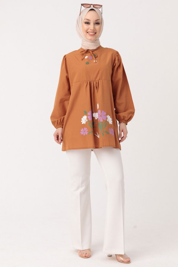 Düz Bisiklet Yaka Kadın Taba BASKILI TUNIK - 3694 TABA