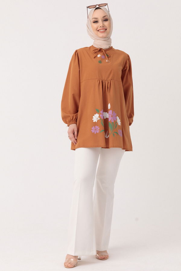 Düz Bisiklet Yaka Kadın Taba BASKILI TUNIK - 3694 TABA