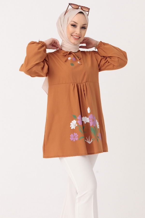 Düz Bisiklet Yaka Kadın Taba BASKILI TUNIK - 3694 TABA