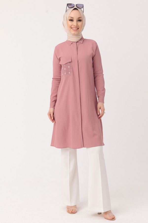 Düz Gömlek Yaka Kadın Pembe Tunik - 3984 PEMBE