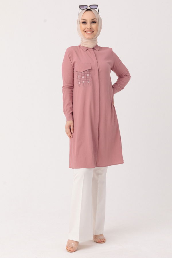 Düz Gömlek Yaka Kadın Pembe Tunik - 3984 PEMBE