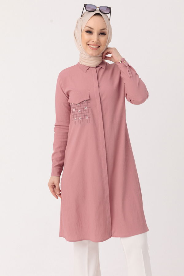 Düz Gömlek Yaka Kadın Pembe Tunik - 3984 PEMBE
