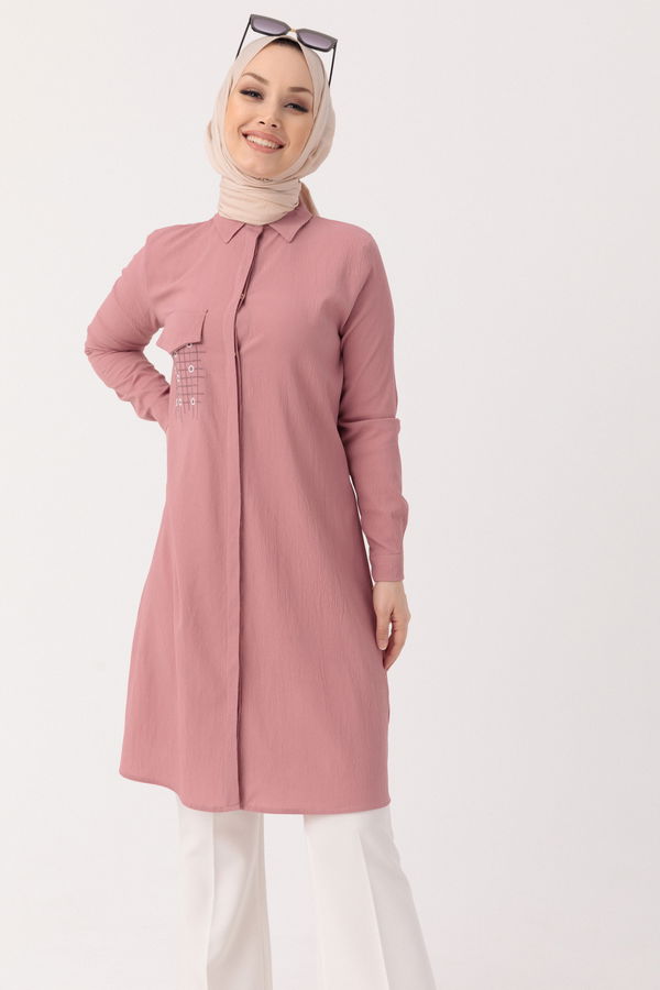 Düz Gömlek Yaka Kadın Pembe Tunik - 3984 PEMBE