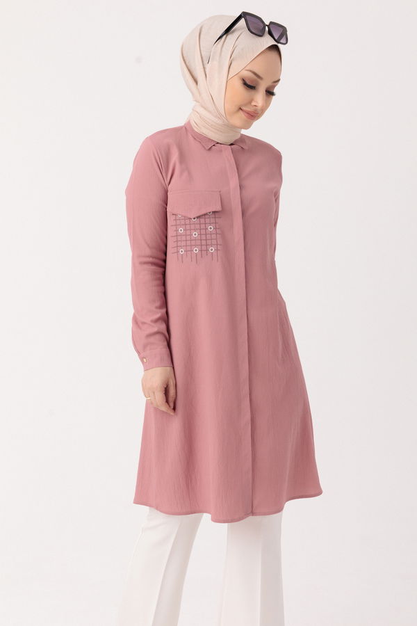 Düz Gömlek Yaka Kadın Pembe Tunik - 3984 PEMBE