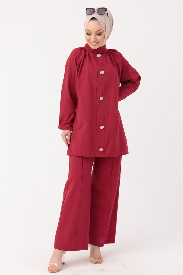 Düz Hakim Yaka Kadın Bordo Tunik Pantolon - 10502 BORDO