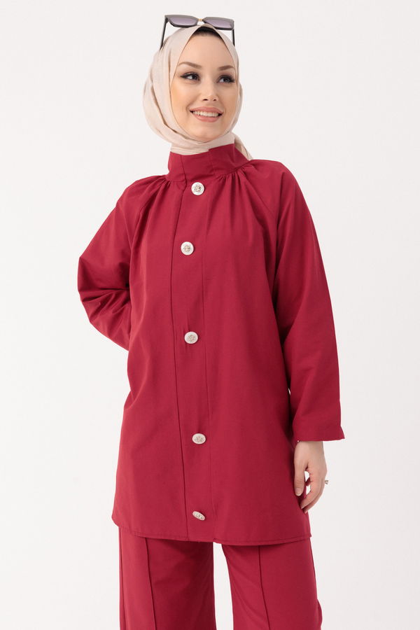Düz Hakim Yaka Kadın Bordo Tunik Pantolon - 10502 BORDO